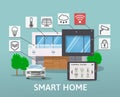 Modern Smart House with car infographic banner. Flat design style concept, technology system with centralized control. Vector illu Royalty Free Stock Photo