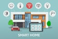 Modern Smart House with car infographic banner. Flat design style concept, technology system with centralized control Royalty Free Stock Photo