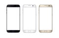 Modern smart phone in three color. Isolated white screen for mockup. Royalty Free Stock Photo