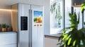 A modern smart refrigerator with an interactive screen displaying recipes and weather updates pic