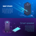 Modern smart speaker banner set, isometric style