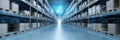 Modern smart warehouse. Automated inventory management system. Holographic data displays. Global logistics tech. Efficient