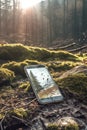 Modern smartphone abandoned on the ground in a swamp, covered in dirt.
