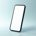Modern smartphone with blank white screen mockup. Device stands angled on light blue surface. Ready for app design display. Ideal Royalty Free Stock Photo