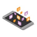 Modern smartphone with cloud of social media speech bubbles. Isometric vector illustration Royalty Free Stock Photo