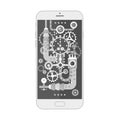 Modern smartphone with different steampunk vintage cogs, gears and scales inside. Vector illustration.