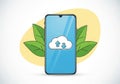 Modern smartphone displaying cloud upload icon surrounded by green leaves and yellow abstract shape Royalty Free Stock Photo