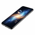 A modern smartphone displaying a vibrant galaxy and nebula on its screen on a white background Royalty Free Stock Photo
