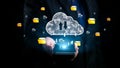 Modern smartphone in hands with cloud computing concept and digital data transfer, highlighting downloading and Royalty Free Stock Photo