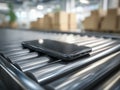 Modern smartphone lying on a metallic conveyor belt with blurred warehouse boxes in the background conveying technology and Royalty Free Stock Photo