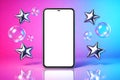 Modern smartphone mockup with a blank white screen, standing upright. Surrounded by glossy chrome stars Royalty Free Stock Photo