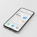 A modern smartphone placed on a light gray surface displays a mockup interface. The