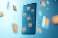 A modern smartphone showcasing digital connectivity and data exchange through floating icons and vibrant graphics Royalty Free Stock Photo