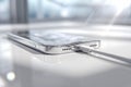 Modern smartphone with slim metallic edges connected to a charging cable resting on a glossy white surface in bright natural light Royalty Free Stock Photo