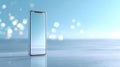 Modern smartphone standing upright on reflective surface with soft blue bokeh background and minimalistic composition Royalty Free Stock Photo