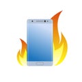 Modern smartphone under fire icon. Burn battery cell phone. Bad quality. Danger device Royalty Free Stock Photo