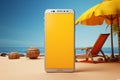 Modern smartphone, yellow backdrop, app logo, sunbed, tickets Æ?? the ultimate vacation! Royalty Free Stock Photo