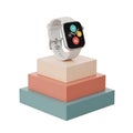 Modern smartwatch displayed on colorful rectangular blocks against white background showcasing its sleek design Royalty Free Stock Photo