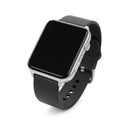A modern smartwatch featuring a sleek rectangular black screen encased in a silver