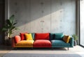 modern sofa with colorful cushions in stylish interior setting, featuring concrete wall and plants, creating vibrant and inviting Royalty Free Stock Photo