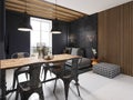 Modern sofa and dining table with iron chairs in the loft interior of a studio apartment. Dark concrete panel and wooden planks on