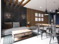 Modern sofa and dining table with iron chairs in the loft interior of a studio apartment. Dark concrete panel and wooden planks on