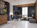 Modern sofa and dining table with iron chairs in the loft interior of a studio apartment. Dark concrete panel and wooden planks on