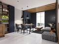 Modern sofa and dining table with iron chairs in the loft interior of a studio apartment. Dark concrete panel and wooden planks on