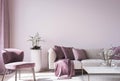 Wall mock up for modern sofa on light pink wall background with trendy home accessories Royalty Free Stock Photo