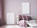 Mock up poster frame for Modern sofa on light pink wall background with trendy home accessories