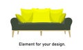 Modern sofa in the style of minimalism. sofa with high legs. Green upholstery. Interior item isolated on a white background.