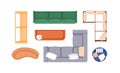 Modern sofas top view. Corner and straight couches, armchair designs set. Living room furniture, trendy cozy seats with