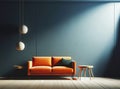 Modern soft orange sofa against a background of an empty blue wall. Minimalist interior of a modern room Royalty Free Stock Photo