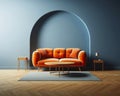 Modern soft orange sofa against a background of an empty blue wall. Minimalist interior of a modern room Royalty Free Stock Photo