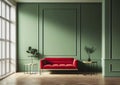 Modern soft red sofa against a background of an empty green wall. Minimalist interior of a modern room Royalty Free Stock Photo