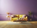 Modern soft yellow sofa against a background of an empty purple wall. Minimalist interior of a modern room Royalty Free Stock Photo