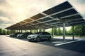 A modern solar carport for public vehicle parking is outfitted with solar panels producing renewable energy. Generative AI Royalty Free Stock Photo