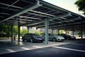 A modern solar carport for public vehicle parking is outfitted with solar panels producing renewable energy. Generative AI Royalty Free Stock Photo