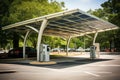 A modern solar carport for public vehicle parking is outfitted with solar panels producing renewable energy. Generative AI Royalty Free Stock Photo