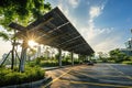 A modern solar carport for public vehicle parking is outfitted with solar panels producing renewable energy. Generative AI Royalty Free Stock Photo
