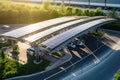 A modern solar carport for public vehicle parking is outfitted with solar panels producing renewable energy. Generative AI Royalty Free Stock Photo
