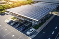 A modern solar carport for public vehicle parking is outfitted with solar panels producing renewable energy. Generative AI