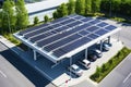 A modern solar carport for public vehicle parking is outfitted with solar panels producing renewable energy. Generative AI