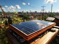 Modern solar panel on th roof with plants at morning, Solar panel on red roof reflecting sun and cloudless blue sky. Ai generative Royalty Free Stock Photo