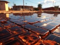 Modern solar panel on th roof with plants at morning, Solar panel on red roof reflecting sun and cloudless blue sky. Ai generative Royalty Free Stock Photo