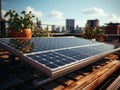 Modern solar panel on th roof with plants at morning, Solar panel on red roof reflecting sun and cloudless blue sky. Ai generative Royalty Free Stock Photo