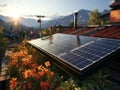 Modern solar panel on th roof with plants at morning, Solar panel on red roof reflecting sun and cloudless blue sky. Ai generative