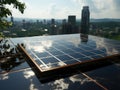 Modern solar panel on th roof with plants at morning, Solar panel on red roof reflecting sun and cloudless blue sky. Ai generative Royalty Free Stock Photo