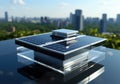 Modern solar panel on th roof with plants at morning, Solar panel on red roof reflecting sun and cloudless blue sky. Ai generative Royalty Free Stock Photo