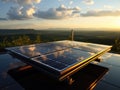 Modern solar panel on th roof with plants at morning, Solar panel on red roof reflecting sun and cloudless blue sky. Ai generative